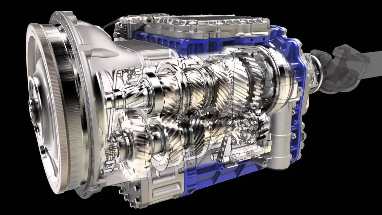 Cutaway view of a complex, metallic transmission.